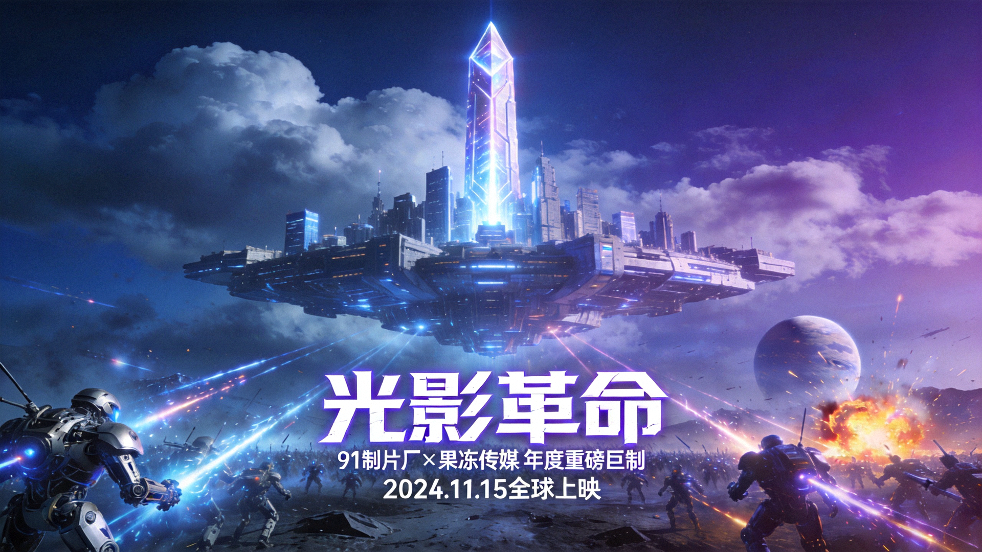 91制片厂与果冻传媒联合推出的年度重磅影视作品《光影革命》宣传海报，展现宏大的科幻场景