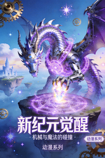 动漫系列《新纪元觉醒》海报，机械与魔法融合的奇幻世界