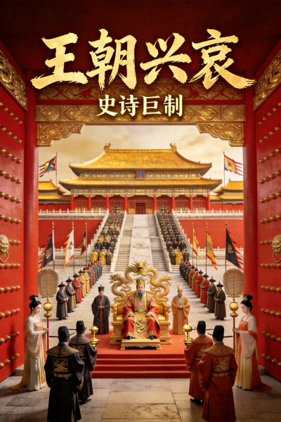 历史电影《王朝兴衰》海报，展现古代宫廷宏伟场面