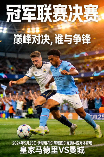 体育赛事《冠军联赛决赛》海报，足球运动员激烈角逐瞬间